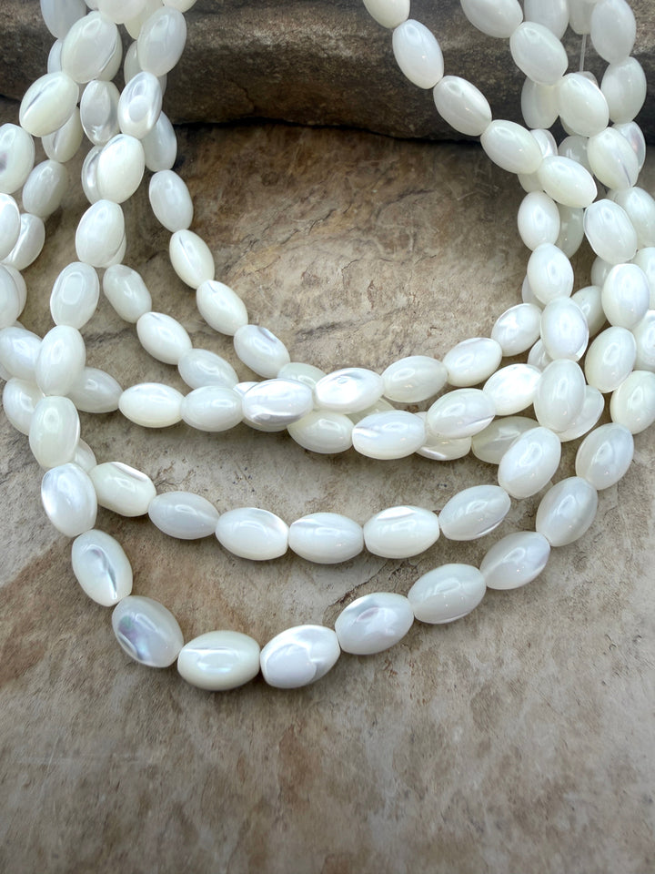 White Mother Of Pearl Rice Beads 6x9mm ONE 16 inch Strand