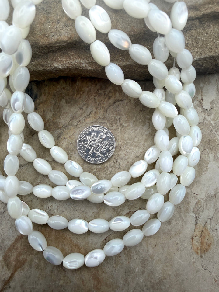 White Mother Of Pearl Rice Beads 6x9mm ONE 16 inch Strand