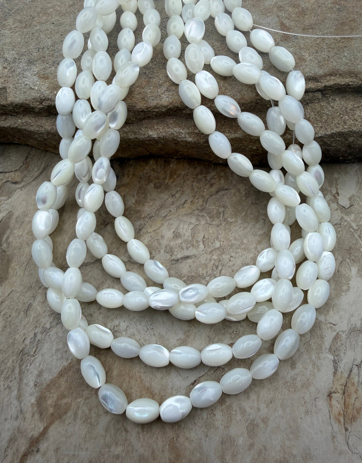 White Mother Of Pearl Rice Beads 6x9mm ONE 16 inch Strand
